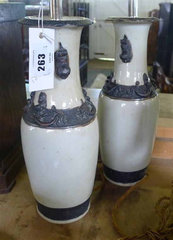 Pair of white glazed Oriental table lamps(-)